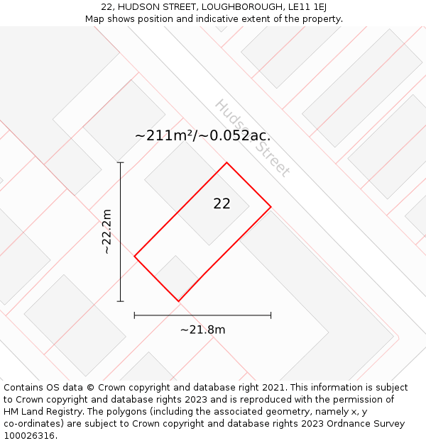 22, HUDSON STREET, LOUGHBOROUGH, LE11 1EJ: Plot and title map