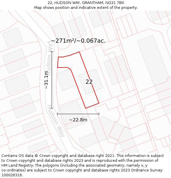 22, HUDSON WAY, GRANTHAM, NG31 7BX: Plot and title map