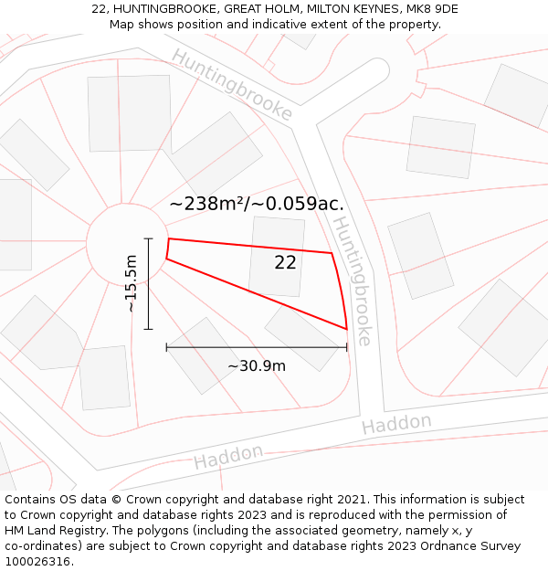 22, HUNTINGBROOKE, GREAT HOLM, MILTON KEYNES, MK8 9DE: Plot and title map