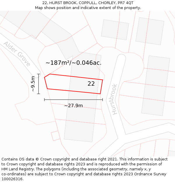22, HURST BROOK, COPPULL, CHORLEY, PR7 4QT: Plot and title map
