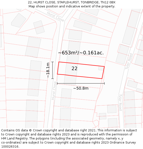 22, HURST CLOSE, STAPLEHURST, TONBRIDGE, TN12 0BX: Plot and title map