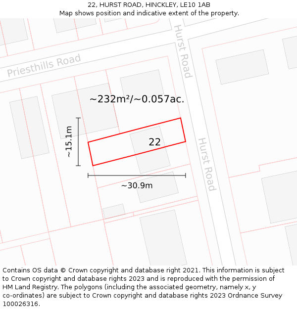 22, HURST ROAD, HINCKLEY, LE10 1AB: Plot and title map