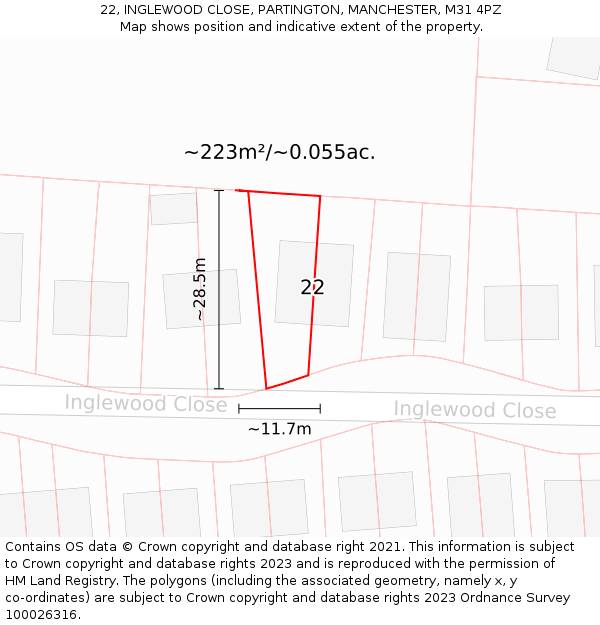 22, INGLEWOOD CLOSE, PARTINGTON, MANCHESTER, M31 4PZ: Plot and title map