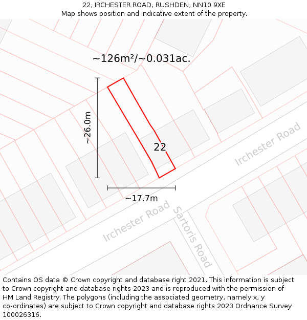 22, IRCHESTER ROAD, RUSHDEN, NN10 9XE: Plot and title map