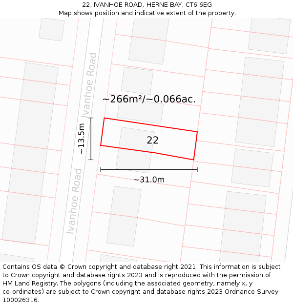 22, IVANHOE ROAD, HERNE BAY, CT6 6EG: Plot and title map