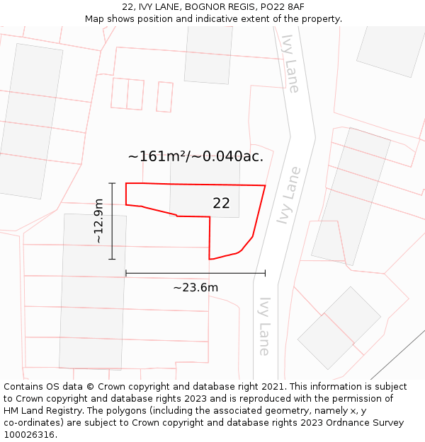 22, IVY LANE, BOGNOR REGIS, PO22 8AF: Plot and title map