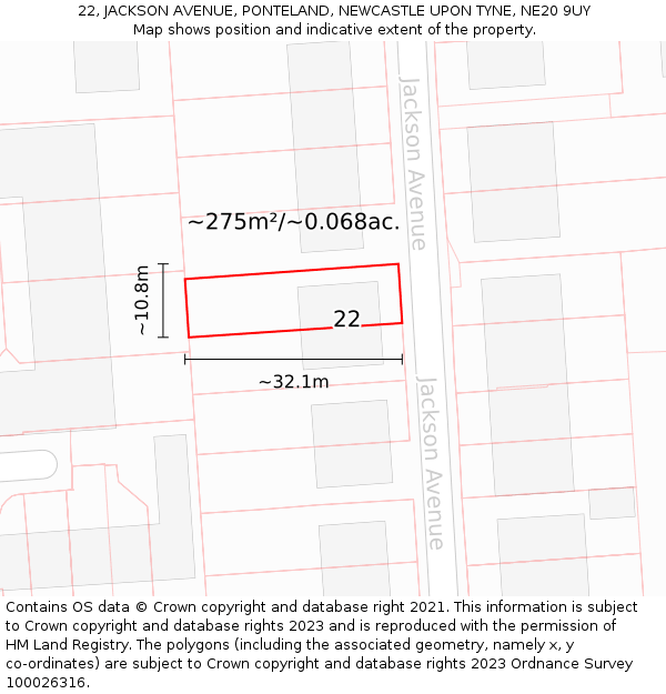 22, JACKSON AVENUE, PONTELAND, NEWCASTLE UPON TYNE, NE20 9UY: Plot and title map