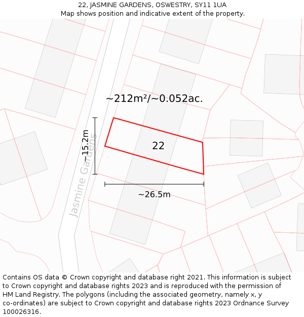 22, JASMINE GARDENS, OSWESTRY, SY11 1UA: Plot and title map