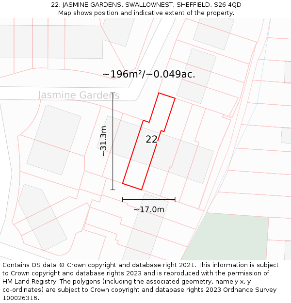 22, JASMINE GARDENS, SWALLOWNEST, SHEFFIELD, S26 4QD: Plot and title map