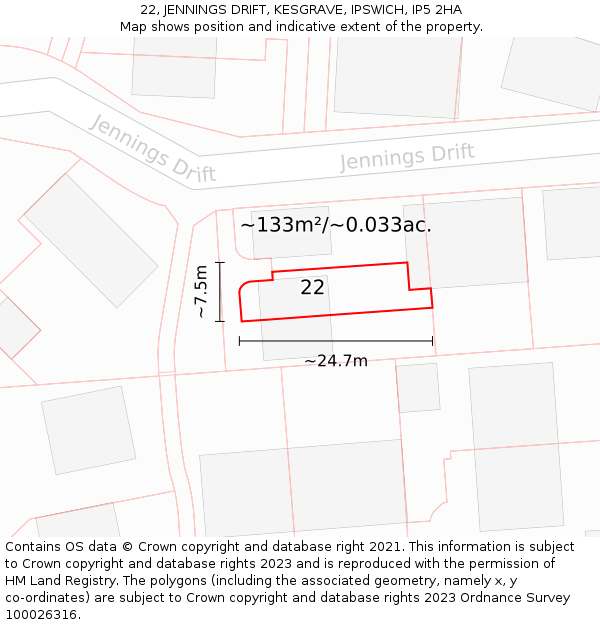 22, JENNINGS DRIFT, KESGRAVE, IPSWICH, IP5 2HA: Plot and title map