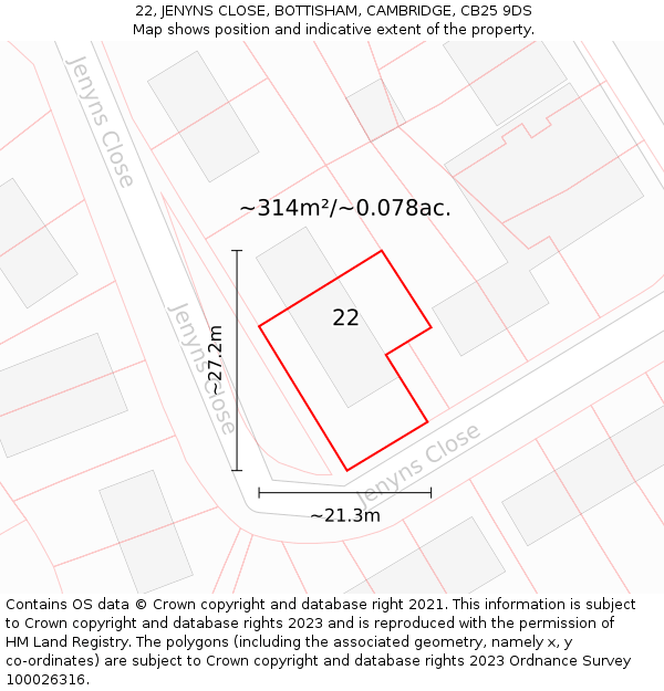 22, JENYNS CLOSE, BOTTISHAM, CAMBRIDGE, CB25 9DS: Plot and title map