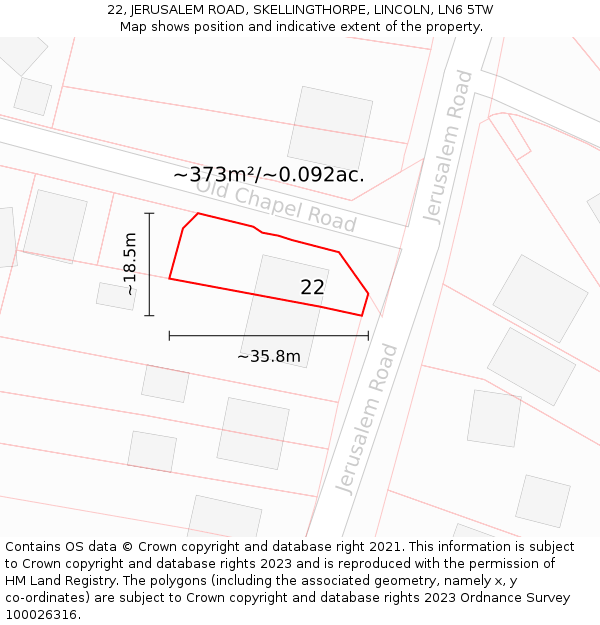 22, JERUSALEM ROAD, SKELLINGTHORPE, LINCOLN, LN6 5TW: Plot and title map