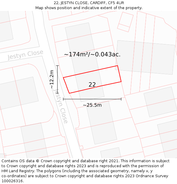 22, JESTYN CLOSE, CARDIFF, CF5 4UR: Plot and title map