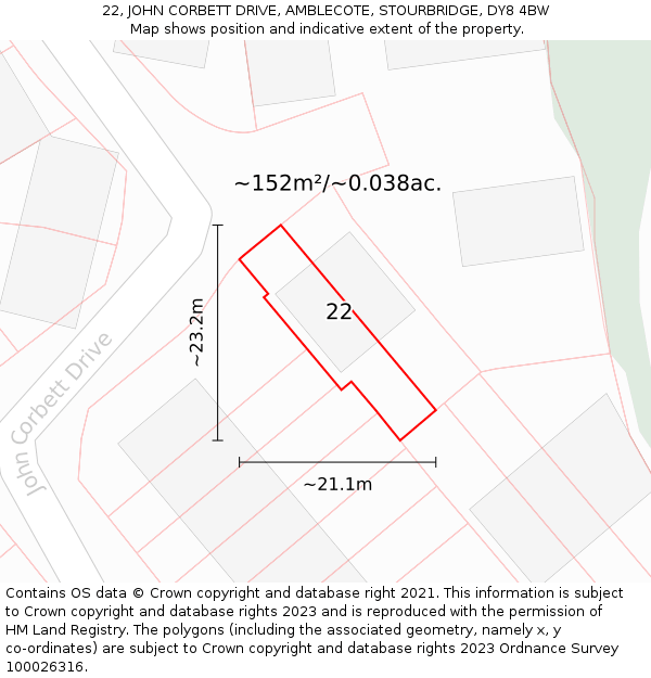 22, JOHN CORBETT DRIVE, AMBLECOTE, STOURBRIDGE, DY8 4BW: Plot and title map