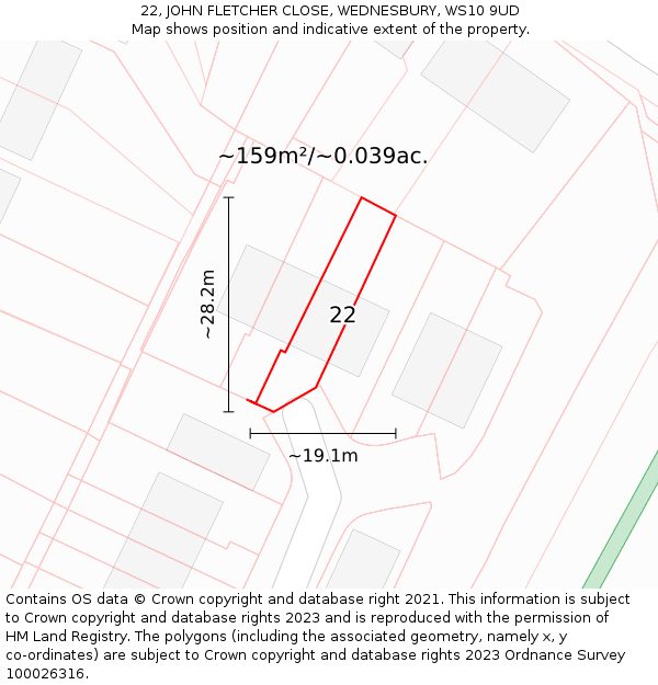 22, JOHN FLETCHER CLOSE, WEDNESBURY, WS10 9UD: Plot and title map