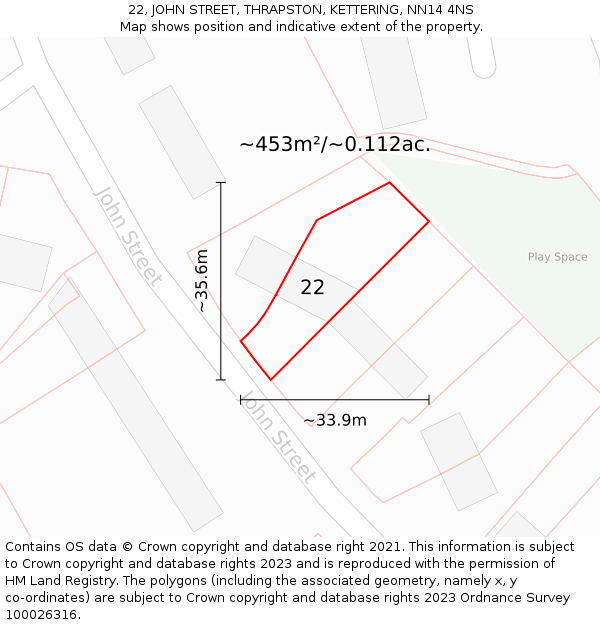 22, JOHN STREET, THRAPSTON, KETTERING, NN14 4NS: Plot and title map