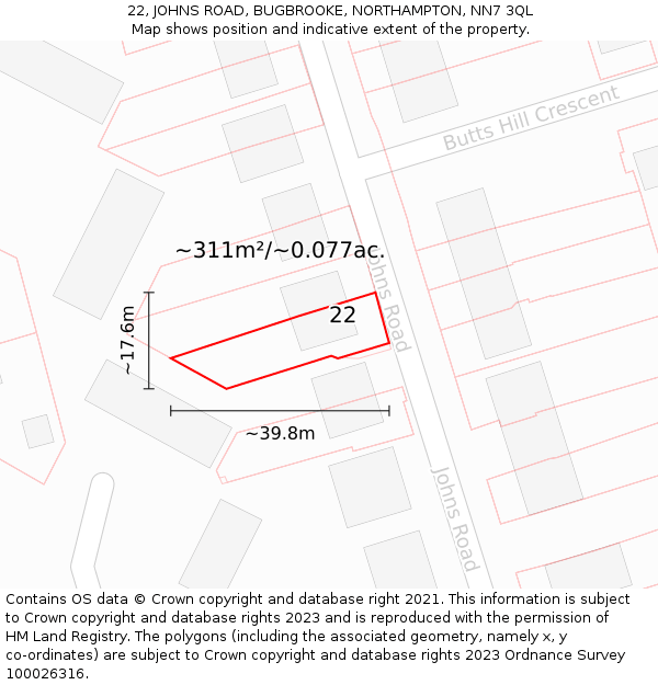 22, JOHNS ROAD, BUGBROOKE, NORTHAMPTON, NN7 3QL: Plot and title map