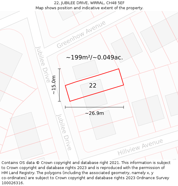 22, JUBILEE DRIVE, WIRRAL, CH48 5EF: Plot and title map