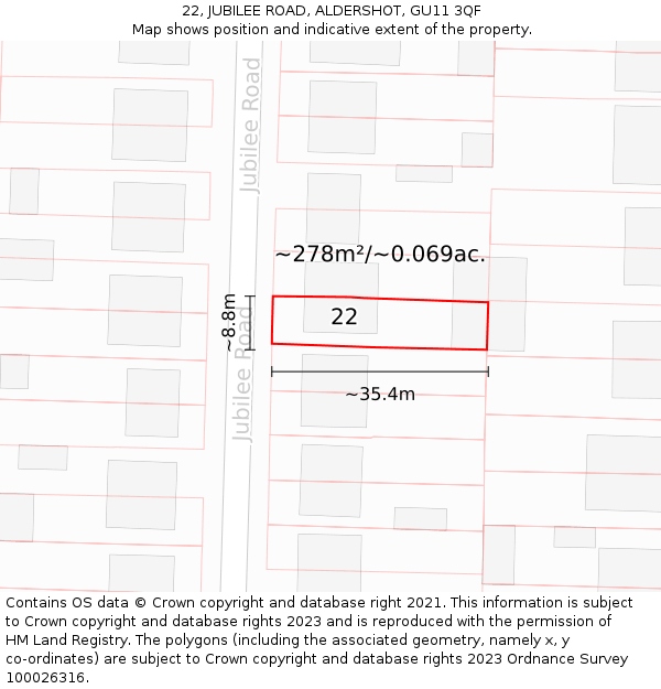 22, JUBILEE ROAD, ALDERSHOT, GU11 3QF: Plot and title map