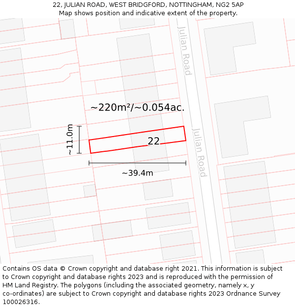 22, JULIAN ROAD, WEST BRIDGFORD, NOTTINGHAM, NG2 5AP: Plot and title map