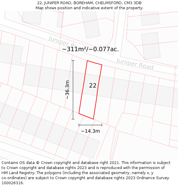 22, JUNIPER ROAD, BOREHAM, CHELMSFORD, CM3 3DB: Plot and title map