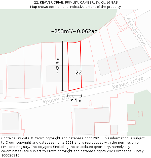 22, KEAVER DRIVE, FRIMLEY, CAMBERLEY, GU16 8AB: Plot and title map