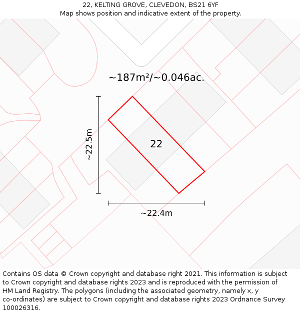 22, KELTING GROVE, CLEVEDON, BS21 6YF: Plot and title map