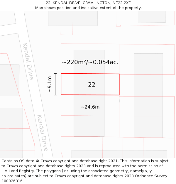 22, KENDAL DRIVE, CRAMLINGTON, NE23 2XE: Plot and title map