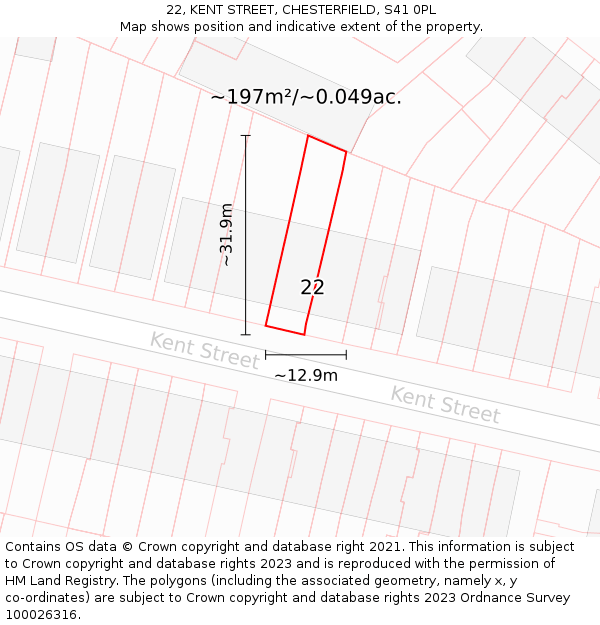 22, KENT STREET, CHESTERFIELD, S41 0PL: Plot and title map