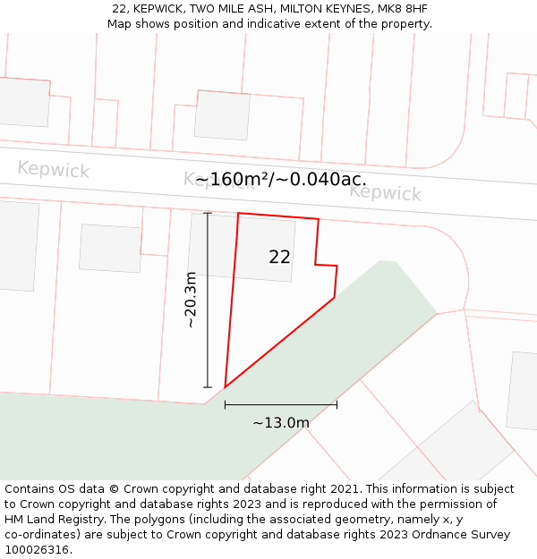 22, KEPWICK, TWO MILE ASH, MILTON KEYNES, MK8 8HF: Plot and title map