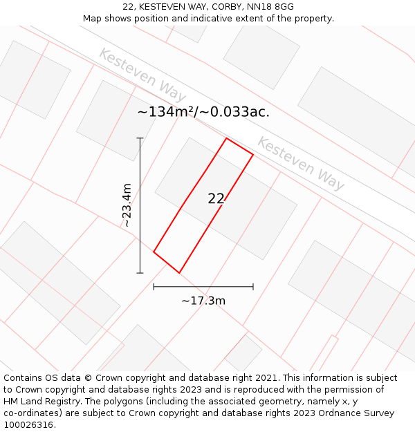 22, KESTEVEN WAY, CORBY, NN18 8GG: Plot and title map