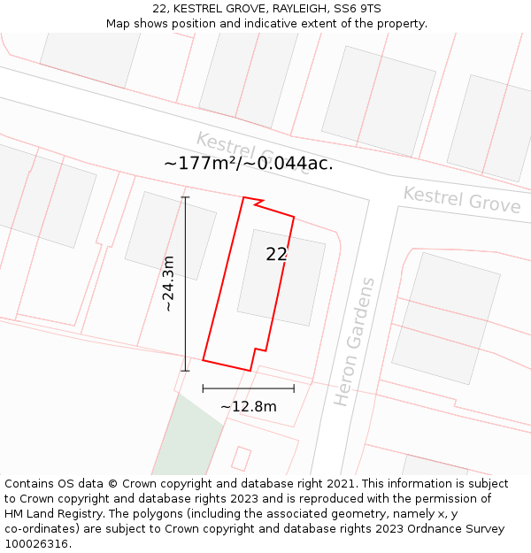 22, KESTREL GROVE, RAYLEIGH, SS6 9TS: Plot and title map