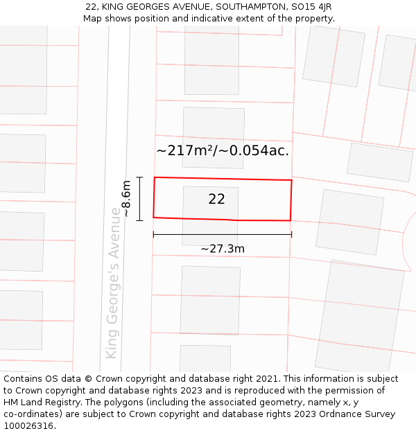 22, KING GEORGES AVENUE, SOUTHAMPTON, SO15 4JR: Plot and title map