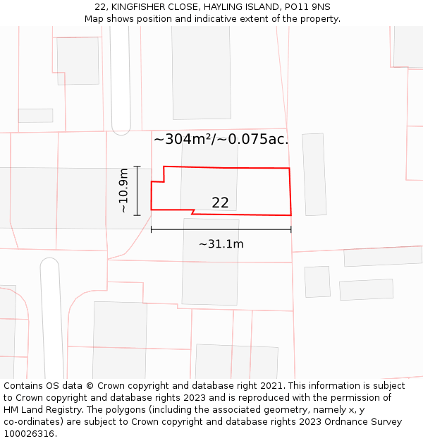 22, KINGFISHER CLOSE, HAYLING ISLAND, PO11 9NS: Plot and title map