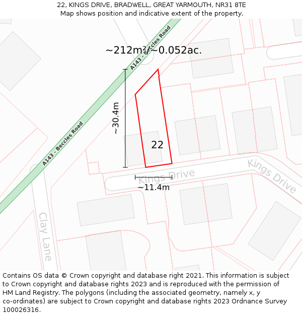 22, KINGS DRIVE, BRADWELL, GREAT YARMOUTH, NR31 8TE: Plot and title map