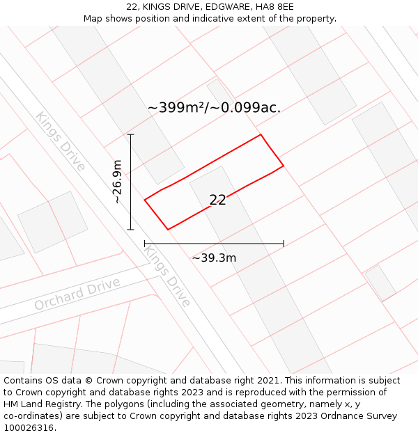 22, KINGS DRIVE, EDGWARE, HA8 8EE: Plot and title map