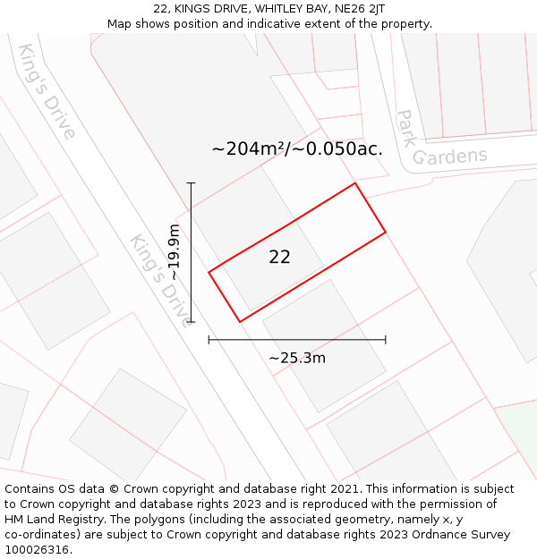 22, KINGS DRIVE, WHITLEY BAY, NE26 2JT: Plot and title map