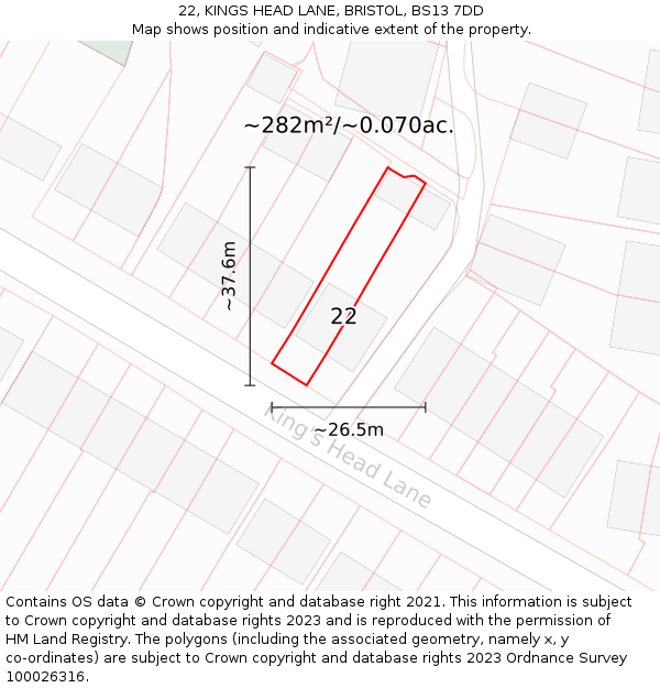22, KINGS HEAD LANE, BRISTOL, BS13 7DD: Plot and title map