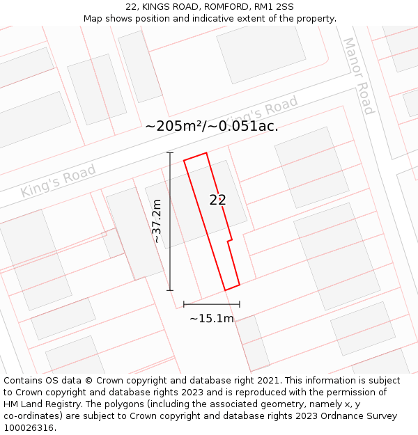 22, KINGS ROAD, ROMFORD, RM1 2SS: Plot and title map