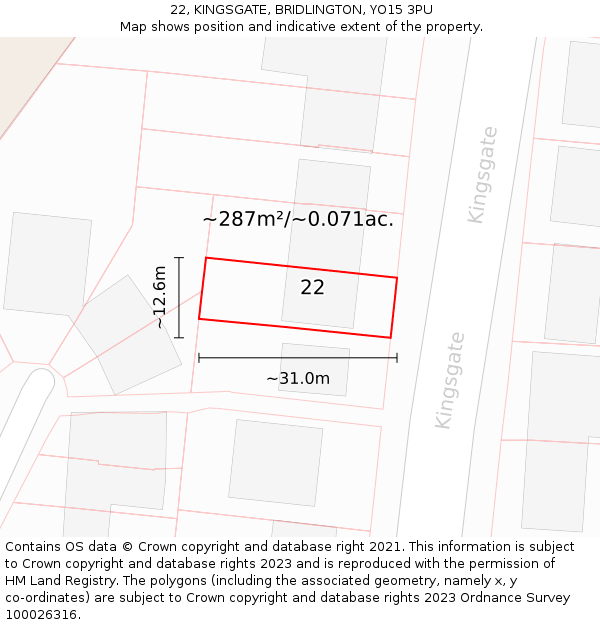 22, KINGSGATE, BRIDLINGTON, YO15 3PU: Plot and title map