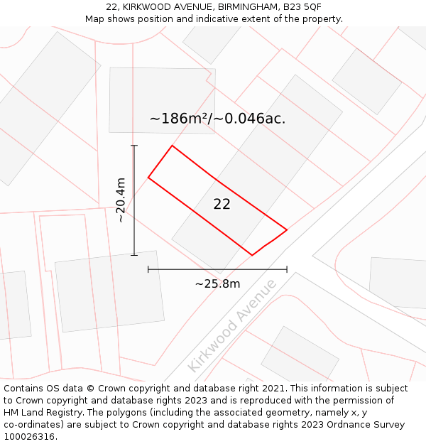 22, KIRKWOOD AVENUE, BIRMINGHAM, B23 5QF: Plot and title map