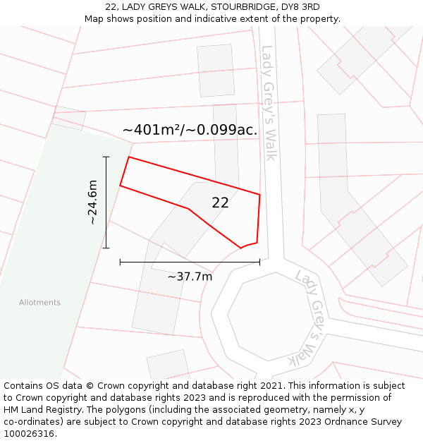 22, LADY GREYS WALK, STOURBRIDGE, DY8 3RD: Plot and title map