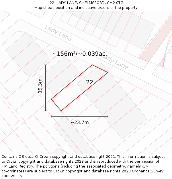 22, LADY LANE, CHELMSFORD, CM2 0TG: Plot and title map