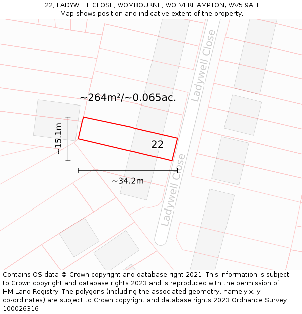 22, LADYWELL CLOSE, WOMBOURNE, WOLVERHAMPTON, WV5 9AH: Plot and title map