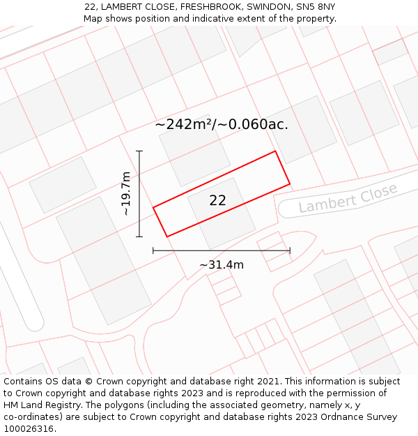 22, LAMBERT CLOSE, FRESHBROOK, SWINDON, SN5 8NY: Plot and title map