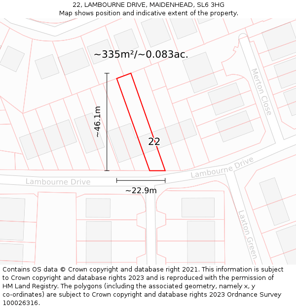 22, LAMBOURNE DRIVE, MAIDENHEAD, SL6 3HG: Plot and title map