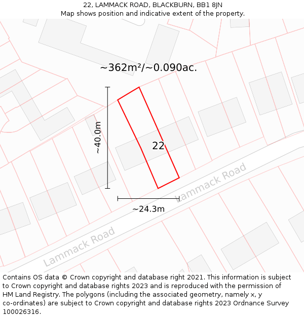 22, LAMMACK ROAD, BLACKBURN, BB1 8JN: Plot and title map