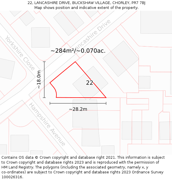 22, LANCASHIRE DRIVE, BUCKSHAW VILLAGE, CHORLEY, PR7 7BJ: Plot and title map