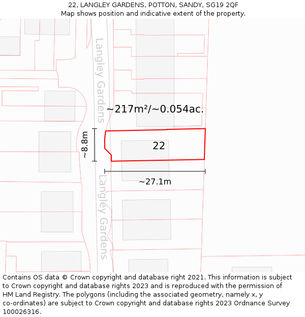 22, LANGLEY GARDENS, POTTON, SANDY, SG19 2QF: Plot and title map