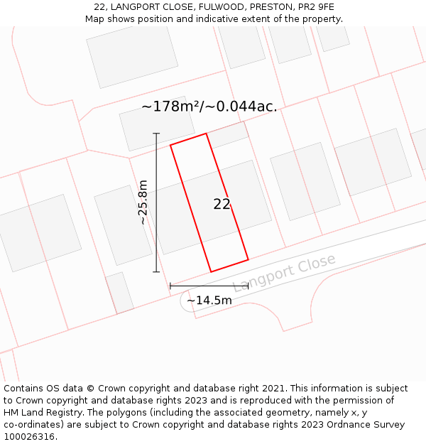 22, LANGPORT CLOSE, FULWOOD, PRESTON, PR2 9FE: Plot and title map